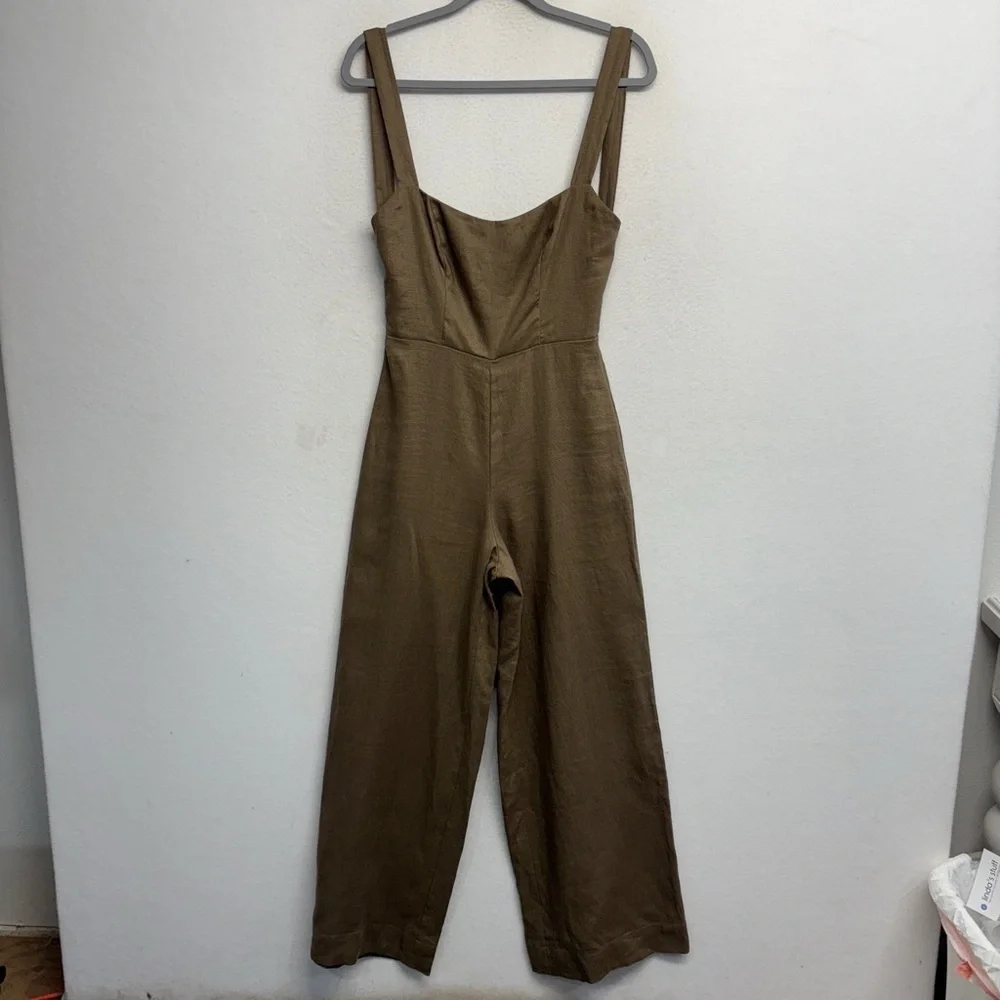 Reformation Autumn Linen Jumpsuit Taupe Tan Wide Leg Open Back‎ 0
